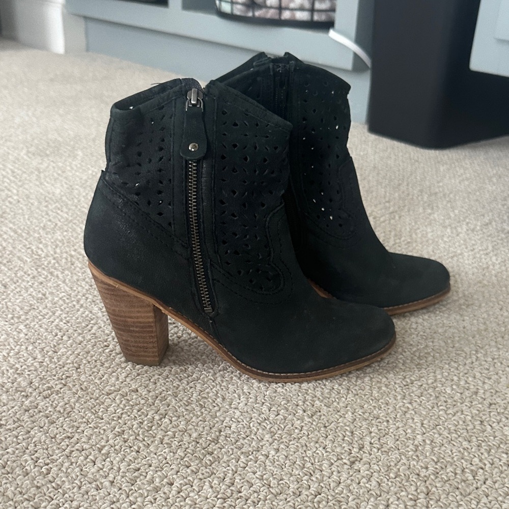 rebels Black Perforated Suede Ankle Booties with Stacked Heel